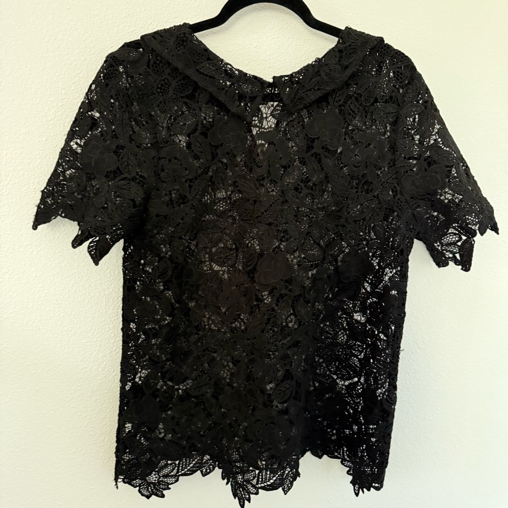 Halogen Black Elegant Guipure Lace Short Sleeve Blouse Peter Pan Collar Goth Top